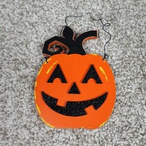 Adams & Co Wood Jack O Lantern Halloween Ornament Orange Black Glitter‎ 58253